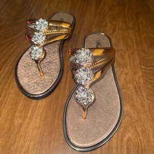 Women's Gold Jeweled Thong Sandals - Elegant Slip-On Dress Sandals